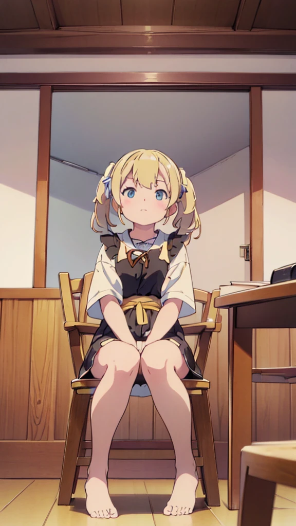 ((masterpiece))((Highest quality))Sitting in a chair、Blonde twin tails、(So that your whole body can be seen)、Directly in front、No background、(Put your feet on the ground)