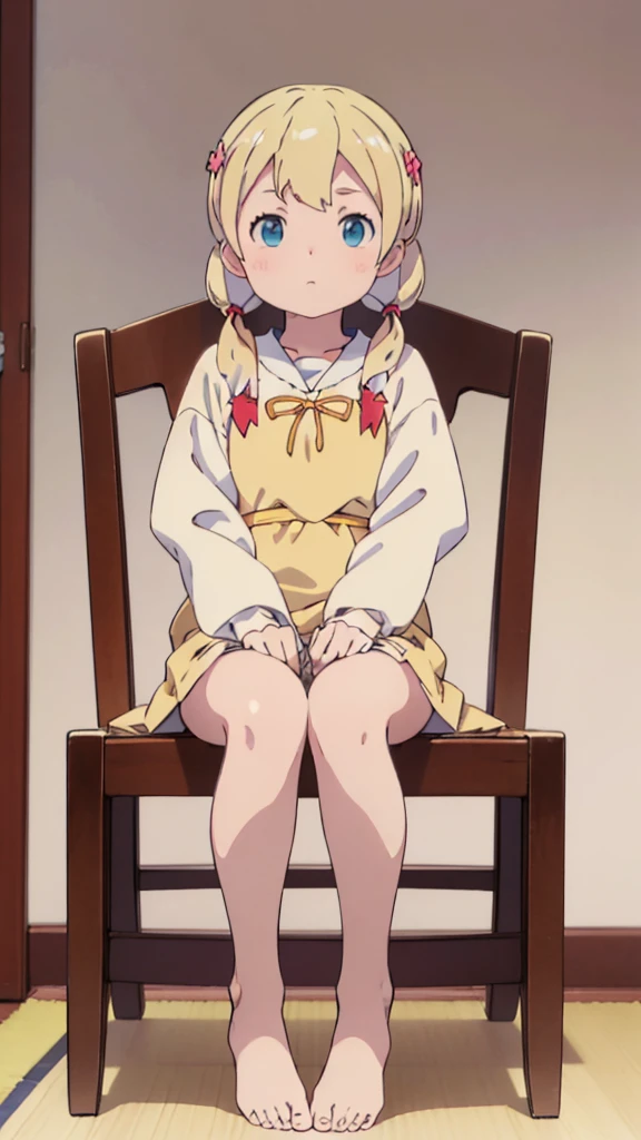 ((masterpiece))((Highest quality))Sitting in a chair、Blonde twin tails、(So that your whole body can be seen)、Directly in front、No background、(Put your feet on the ground)