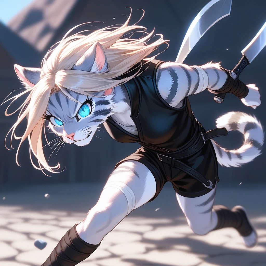 Solo, score_9,score_8_up,score_7_up, source_cartoon, cartoon, kat, Anthro furry feline, female, tall slender body, long blonde hair, long undercut hair, pink nose, blue eyes, white whiskers, silver fur, grey stripes, furry body, wearing black cloth vest, black leather medieval vest, black short shorts, adventuring gear, feet wrapped in bandages, plantigrade feet paws, holding two knives, Naruto running, running towards viewer, angry expression, glowing blue eyes, outdoors, from above, dynamic action shot, speed lines, motion blur, hands behind back