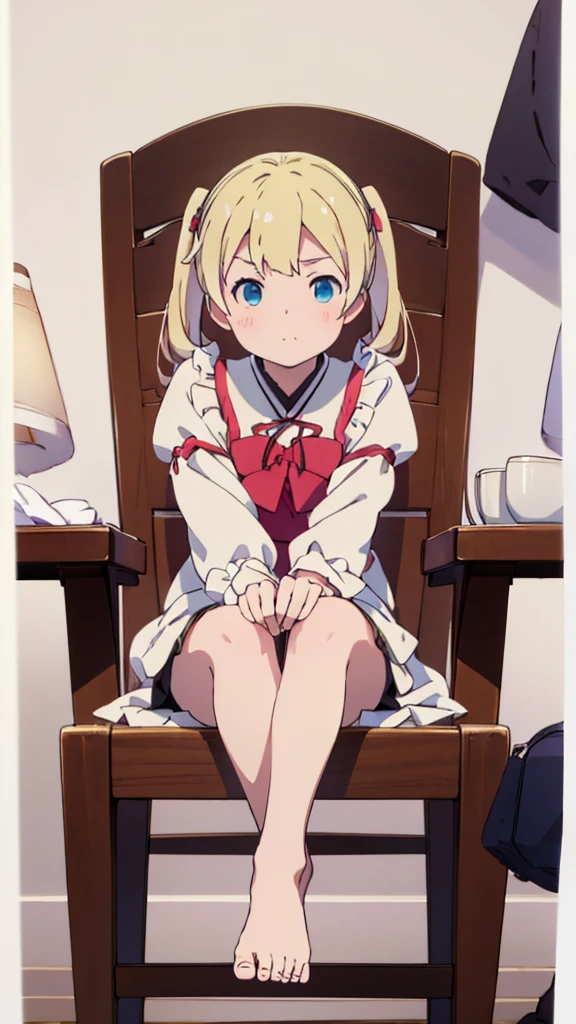 ((masterpiece))((Highest quality))Sitting in a chair、Blonde twin tails、(So that your whole body can be seen)、Directly in front、No background、(Put your feet on the ground)