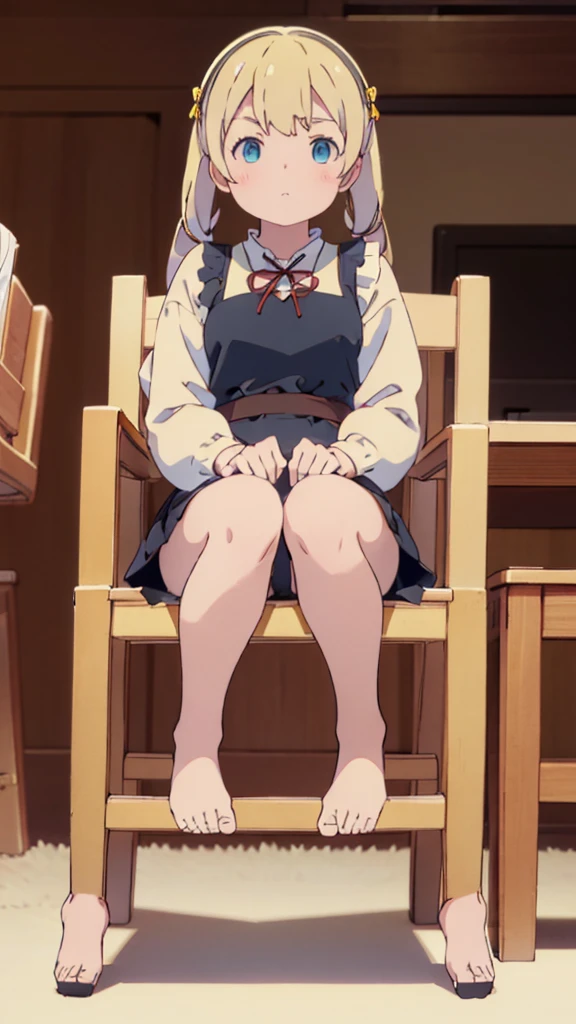 ((masterpiece))((Highest quality))Sitting in a chair、Blonde twin tails、(So that your whole body can be seen)、Directly in front、No background、(Put your feet on the ground)