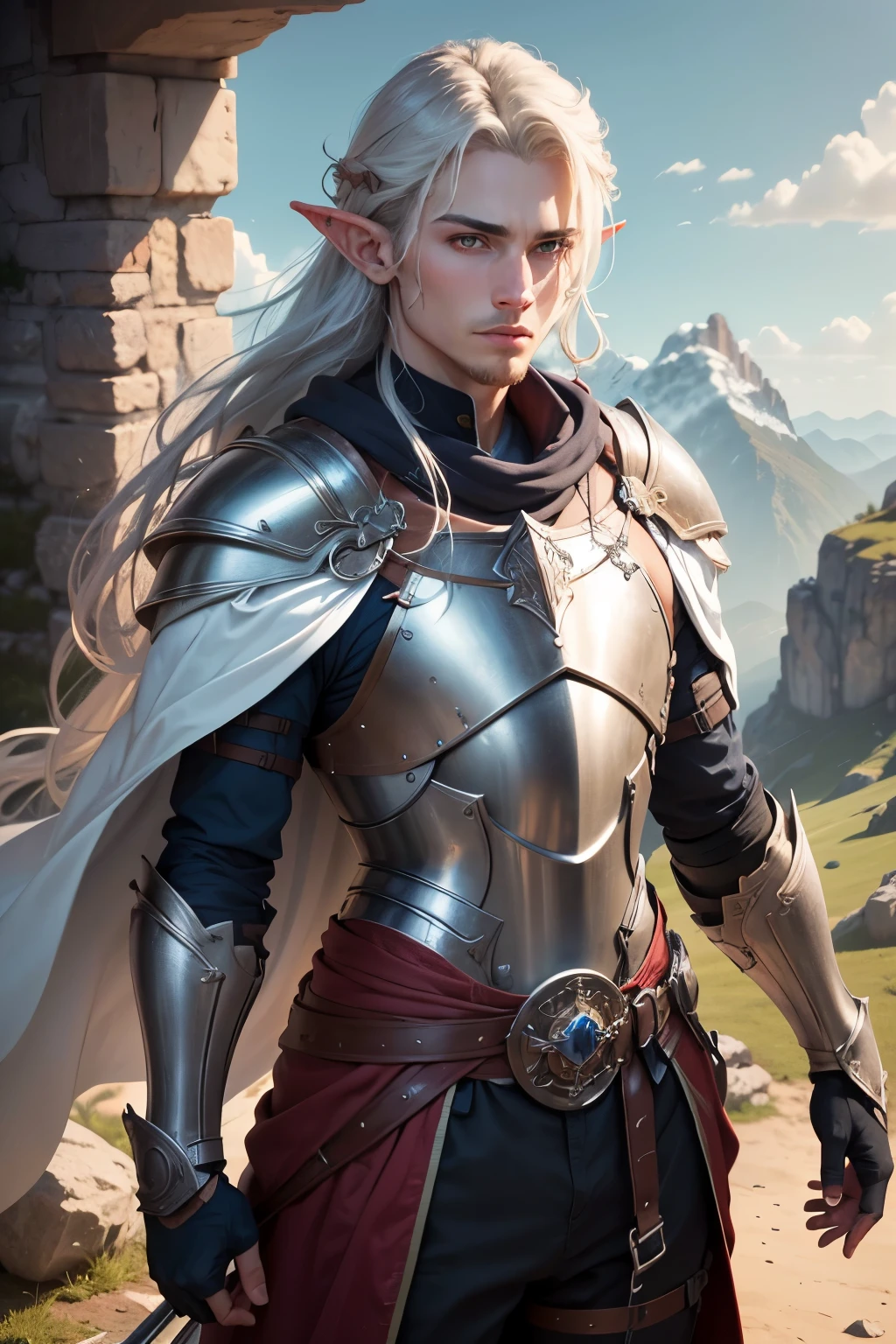 ((best qualityer)), ((work of art)), (detailded), ((best quality)), ((masterpiece)), (detailed), Prize-winning works, with incredible details, maximum textures and details, uhd ,8K,super resolution ,depth of field, retina, masterpiece, anatomically correct, textured skin, super detail, high details, highres ,1 Male elf fantasy warrior adventurer ,Super long gray hair in the wind,rosto ultra detailded ,blue colored eyes, wide chin , wearing light adventurer armor , gray gauntlets and gloves, red breastplate, long white and silver cape ,fully body, olhos penetrantes hiperdetaildeds , olhos detaildeds ,white light armor(25 year old young man :1.1,olhos detaildeds, rosto detailded, whole body:1.1,the bottom is a valley ,mountains and forest ),(best qualityer:1.2,ultra-detailded:1.1,realisitic:1.37) ,eyeshadows, sharp focus, swirly vibrant colors,)