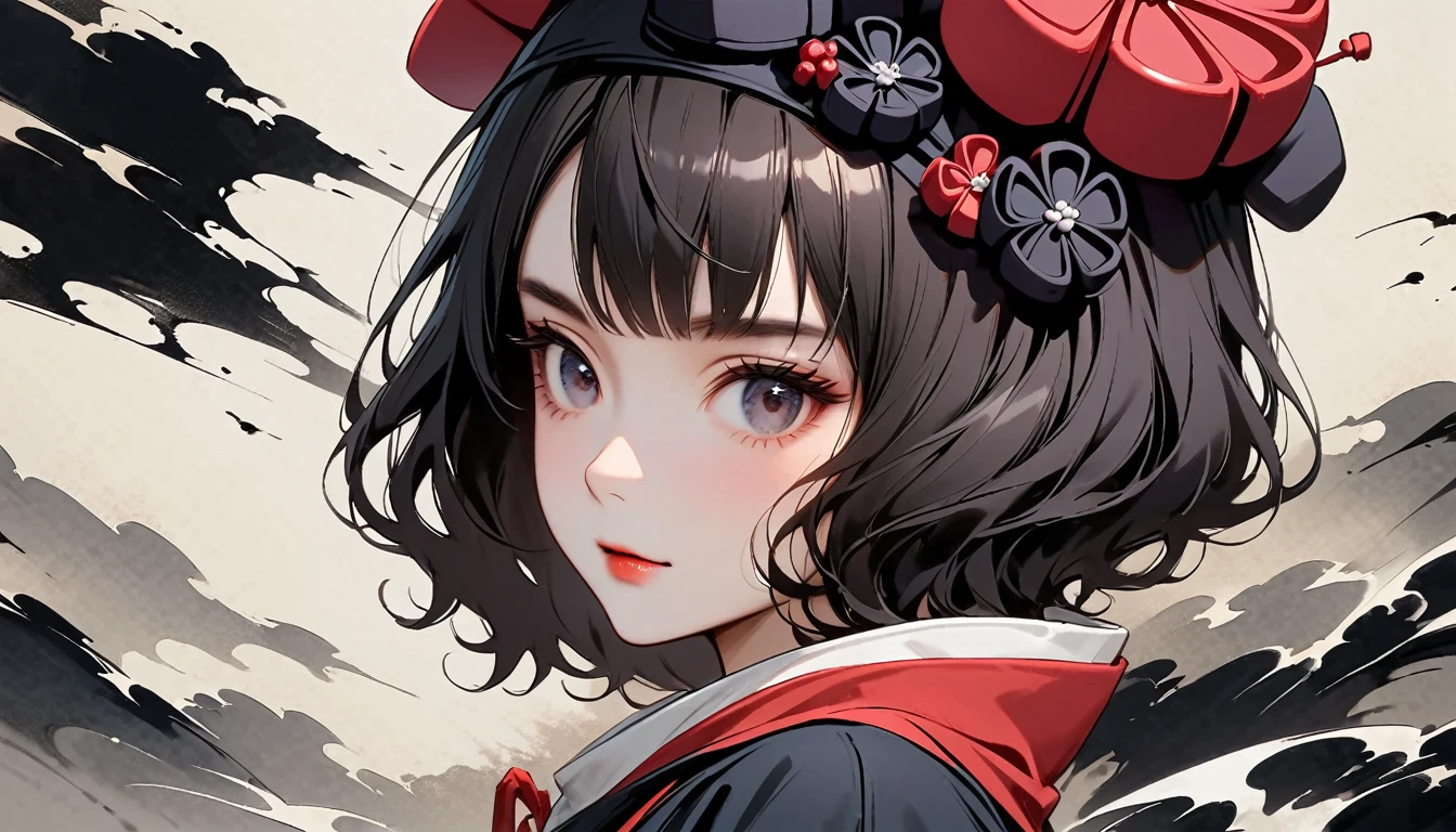 (((skull mask))), (((Katsushika Hokusai))), (((Ink Painting))), ((very straight longhair)), ((1 girl)), ((A beautiful girl with a fearless smile)), Japanese style headphones, Black Hair, Delicate and precise, Modern ukiyo-e style, Face CLOSE up