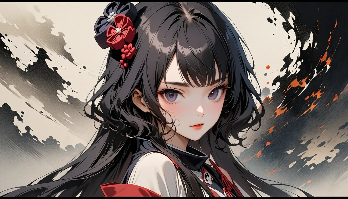 (((skull mask))), (((Katsushika Hokusai))), (((Ink Painting))), ((very straight longhair)), ((1 girl)), ((A beautiful girl with a fearless smile)), Japanese style headphones, Black Hair, Delicate and precise, Modern ukiyo-e style, Face CLOSE up