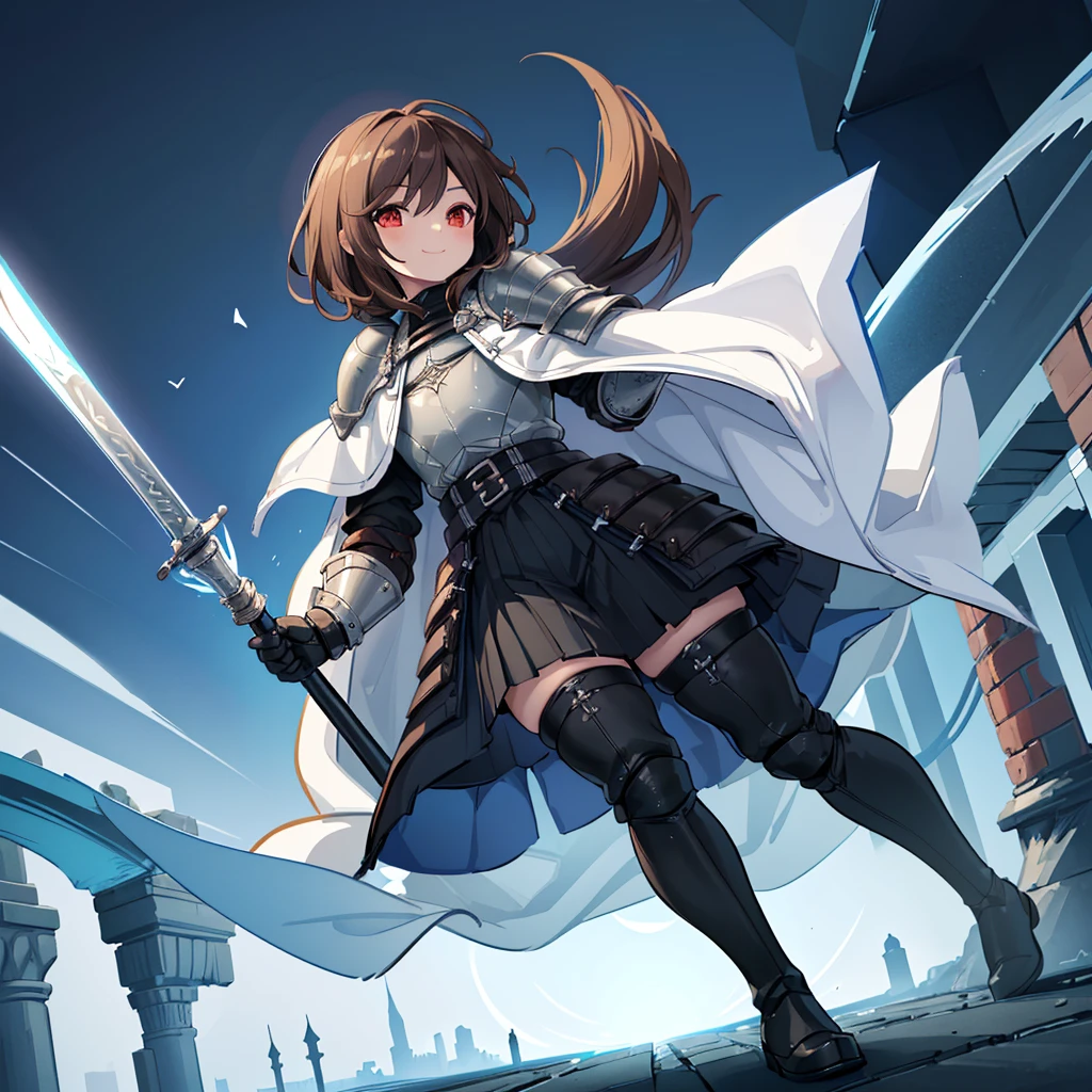 (((1boy))), Femboy, superhero, crossdresser man, ager, in a school, (white long sleeved cocktail shirt), (long black skirt with a white stripe), with a (((white cape with a blue inner part))), a (((black chest armor plate with a white decal in the middle))), (black gloves) and (black boots), long technological red sword, ((brown skinned)), red eyes, feminine shoulder length dark brown hair, ((wide hips)), ((thick thighs)), flat chest, narrow waist, flying around in a beautiful futuristic floating in the sky city landscape, ((only one character)), (((solo))), ((smiling)), ((((dark souls artstyle))))