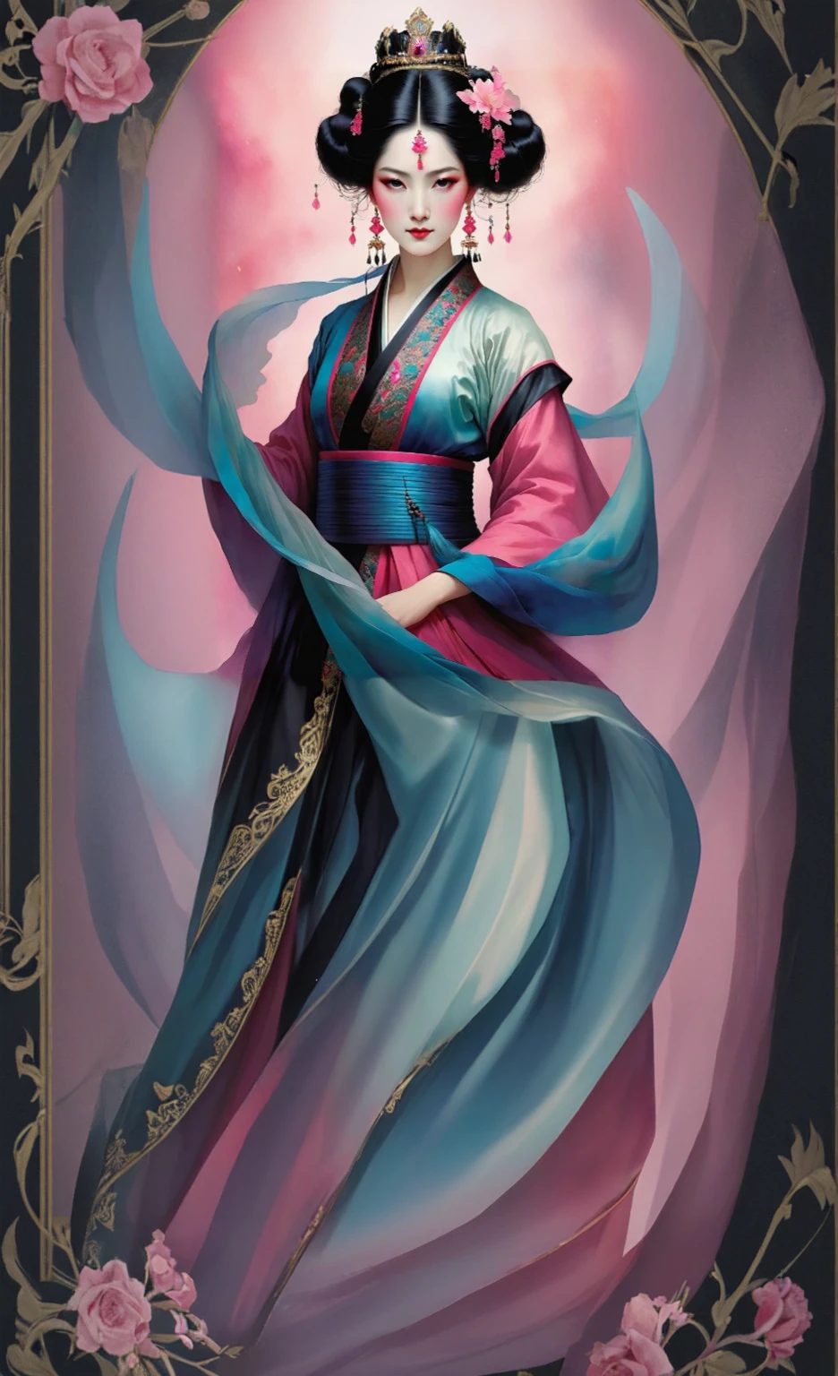 (full body:1.8), portrait of a beautiful empress, blue glowing eyes, imposing look, strong pose, porcelain skin, long black hair, ornate traditional robe, Harrison Fisher and Catrin Welz-Stein art style, vivid colors, pink color palette, highly detailed, cinematic lighting, dramatic pose, elegant, graceful, regal, intricate details, masterpiece, photorealistic, 8k, best quality