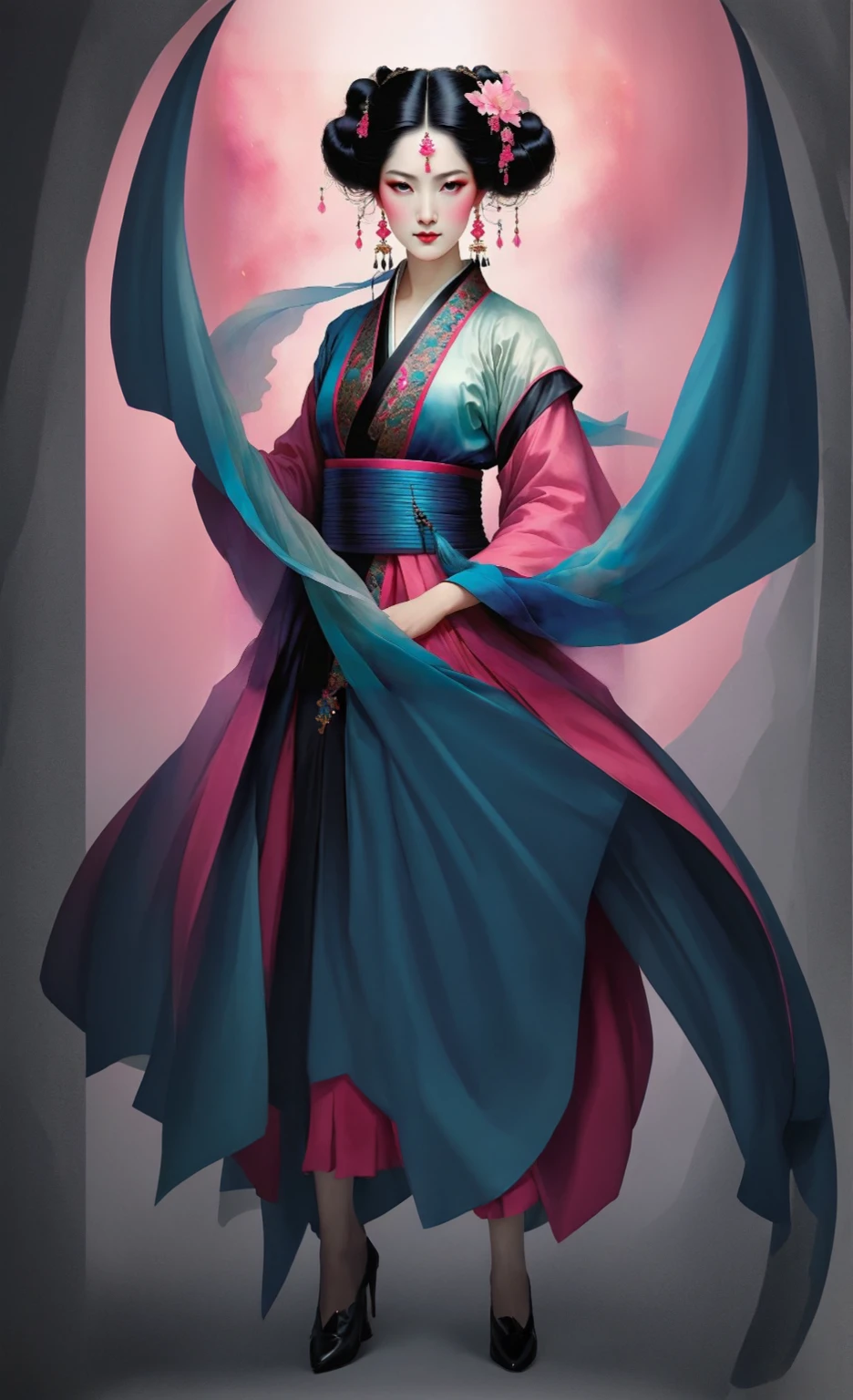 (full body:1.8), portrait of a beautiful empress, blue glowing eyes, imposing look, strong pose, porcelain skin, long black hair, ornate traditional robe, Harrison Fisher and Catrin Welz-Stein art style, vivid colors, pink color palette, highly detailed, cinematic lighting, dramatic pose, elegant, graceful, regal, intricate details, masterpiece, photorealistic, 8k, best quality
