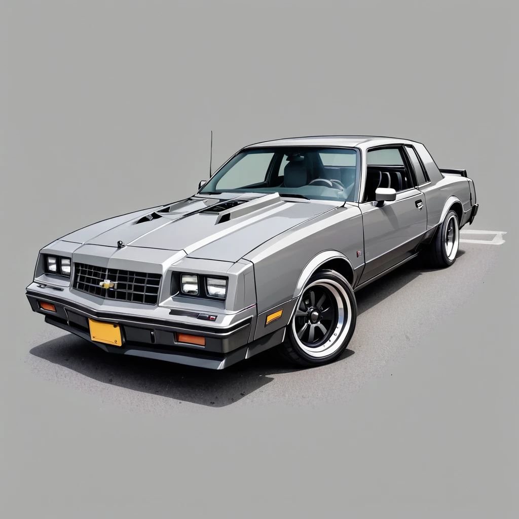  1986 Chevy monte carlo ss, pop art, cartoonish style ,detailed, illustration, slammed to the ground, large black staggered wheels, wide bodykit, masterpiece, highly detailed ((([simple grey background])))((pulp_comic, heavy_lines, hand_drawn, hand_inked, hand_colored, apxlz))