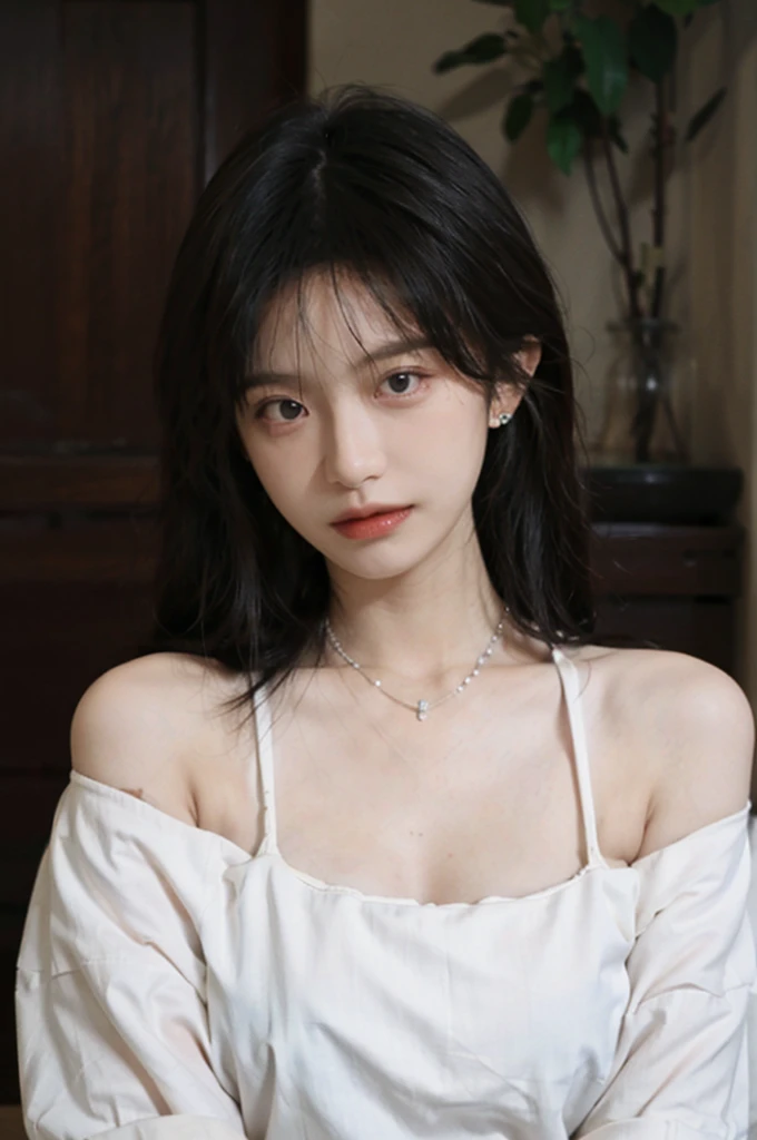 Film portrait photography, 1 girl, bare shoulders,lipstick,(flat chest:1.4), Shoulder length wavy hair, wear necklace,scarf,earrings,short sleeves,serene, calm, (Realistic and detailed eyes, natural skin texture, Realistic facial details), Soft dramatic lighting, depth of field, Bokeh, big breasts,Areola,split,cleavage,Vibrant details, Detailed and detailed, surreal, 35mm film, hazy, ,