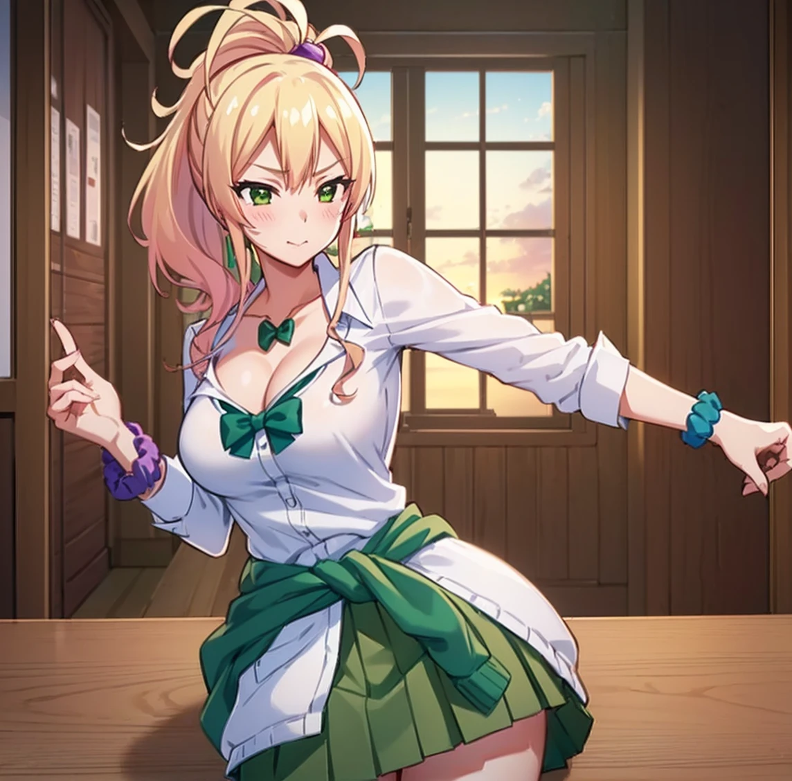 ((1girl)), ((alone)),Yukana Yame, ((extremely detailed CG unity 4k wallpaper)), (masterpiece), (ultra quality), (ultra detailed), (best illustration), (best shadow), (extremely detailed), looking at viewer, (absurdities), (detailed background), curvy body, dynamic pose, cowboy photo, medium breasts, medium waist, wide hips, wide thighs, round butt, ((hair blonde, skirt, clothes around the waist, phone, gyaru, cell phone, jewelry, breasts, green eyes, cleavage, kogal, smile, sweater around the waist, green skirt, bracelet, shirt, ponytail, , long hair, bun, scrunchie, green sweater, pleated skirt, smartphone, white shirt, neckline, hair ornament, green bow tie )),smile, mouth closed)), standing, cowboy photo, backlight, ((solo)), ((standing: 1.4, interior, library, window, sunset,,(stoic expression, blushing, ,sexy, closed mouth, sexy pose), looking forward, ((focus on breasts), point of view: (from middle), perfect anatomy, perfect hands,