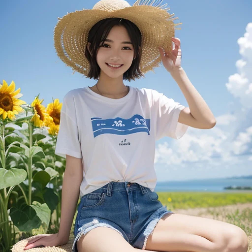 Japanese、18-year-old、Very slim、((Smiling))、Summer clothing、Blue sky、White cloud、sunflower、Straw hat、T-Shirts、Shorts、short hair