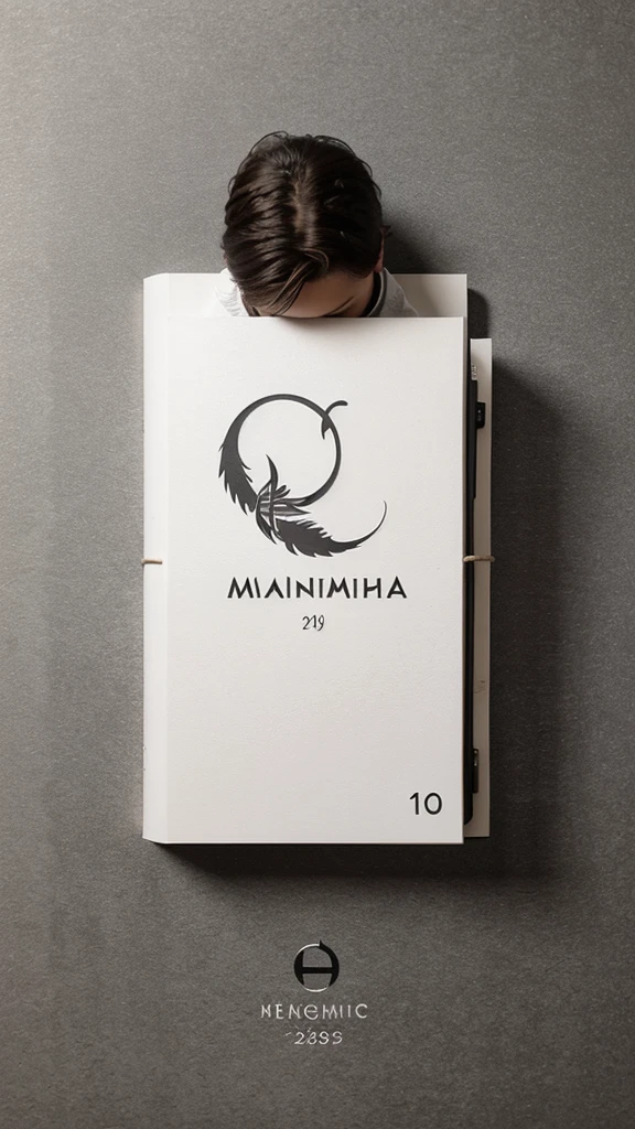 A minimal, modern, simple, cinematic logotype for the brand “Penamemoria". The logotype must be a simple, magical feather and a boy playing acoustic guitar. The logo must convey a sense of music, stories and dreams. Logo design impressed on a book cover. Minimalistic logo