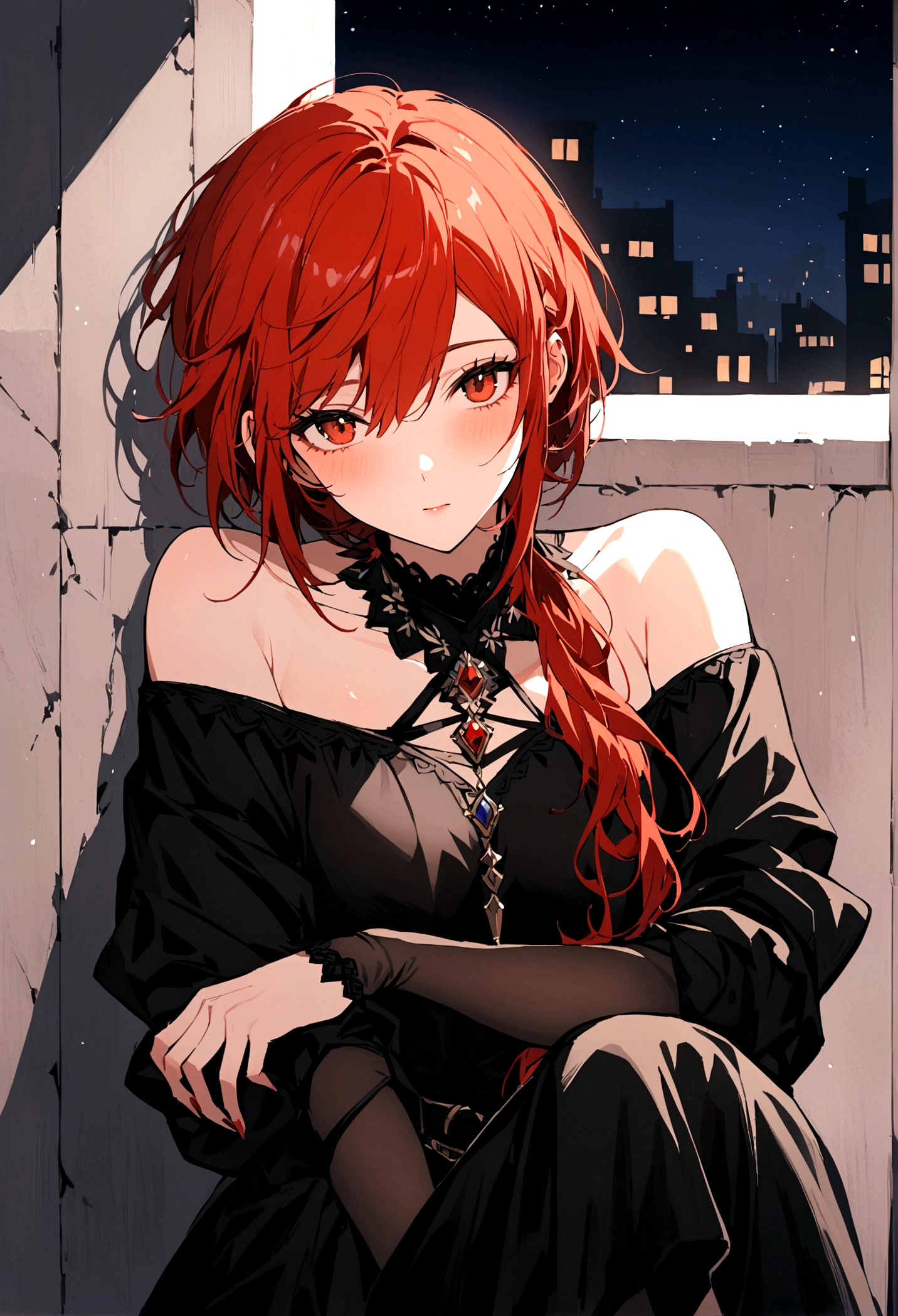 A girl in boy style she looks like boy she's gay and she 24 years old she has wolfcut she wears sexy boyfriend style she has red hair she lying on the wall (is night ) she's wearing boy clothes