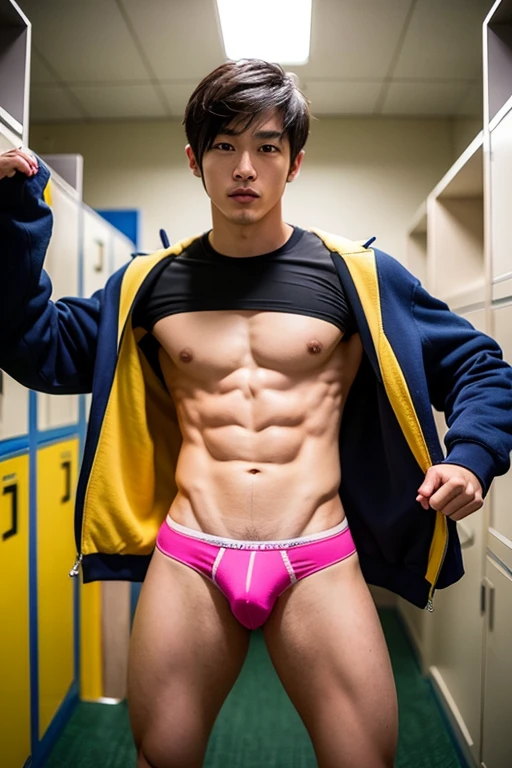 Japanese men、He looks manly and virile, but young.、Slender but slightly muscular、Fine and beautiful skin、Showing off a very tight and flashy colored thong、Is making a fist pump、Iris、Short black hair、Changing clothes in the locker room with many male students、The whole body is visible、Relaxed atmosphere、