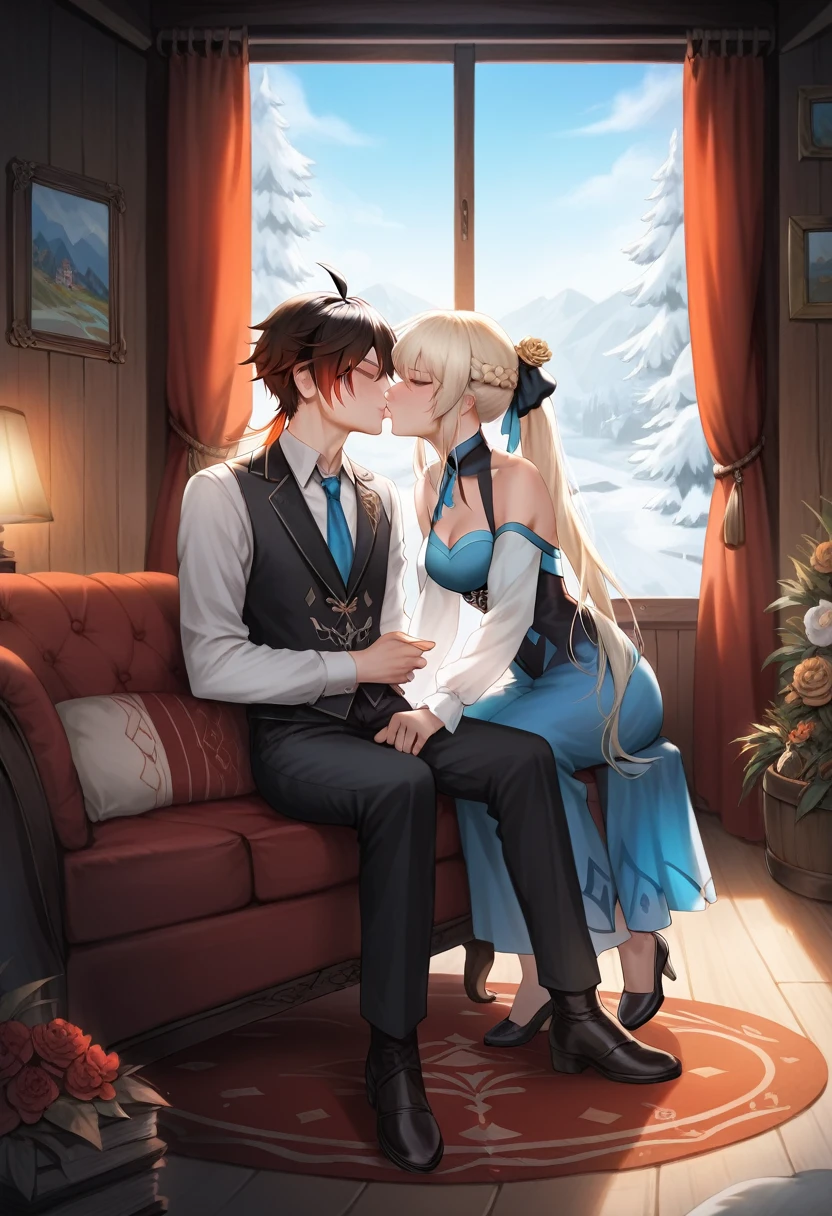 best quality, 4k, high resolution , anime girl , anime boy, young boy, tall boy, young girl, 24 years old, bangs, long hair, relaxed face, perfect shot, perfect anatomy, detailed face, detailed eyes, snowy background , cabin , tall girl , 1girl, 1boy, realistic, 4k , masterpiece , ilustration, digital art, full body, morgan le fay, fate grand order, sitting , chimney, fur rug, sofa, morgan le fay sitting with zhongli, kiss, kissing, 1boy , zhongli, genshin impact, eyes close