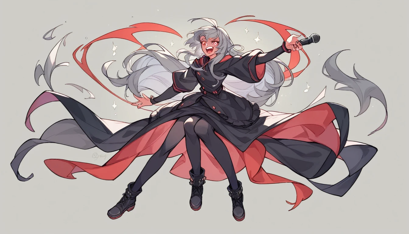 1 teen girl character。Full body portrait、gray hair color、Glowing red eyes、Long Hair、There is a mole under the left eye、Singing with a microphone、On a transparent background、Depict people only。