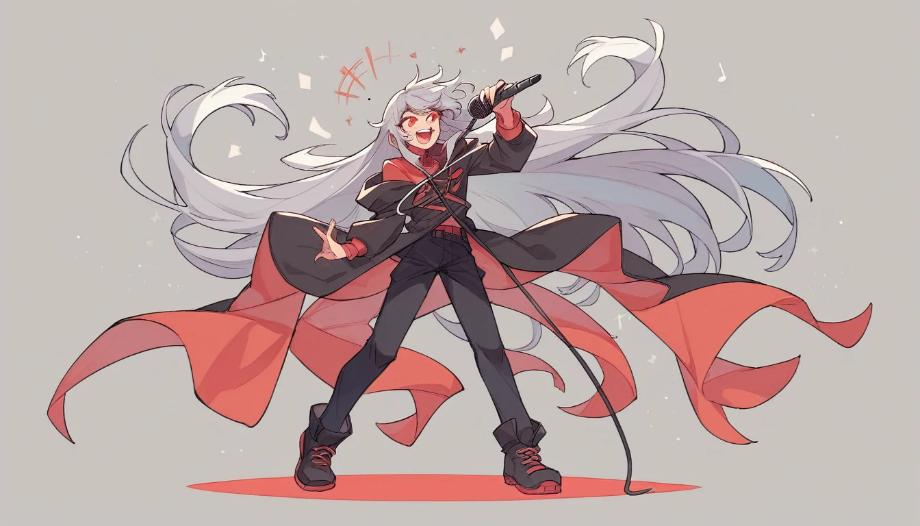 1  character。Full body portrait、gray hair color、Glowing red eyes、Long Hair、There is a mole under the left eye、Singing with a microphone、On a transparent background、Depict people only。