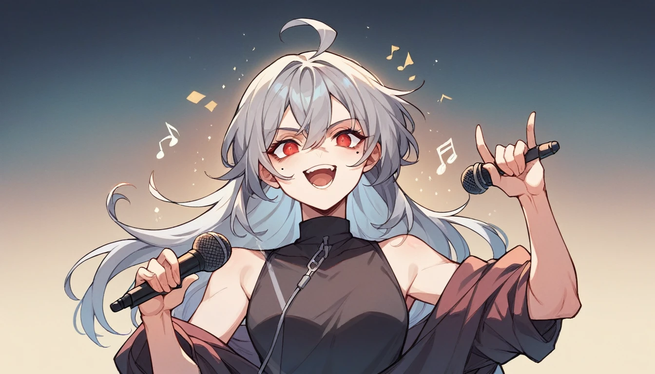 1 girl character。Full body portrait、gray hair color、Glowing red eyes、Long Hair、There is a mole under the left eye、Singing with a microphone、On a transparent background、Depict people only。