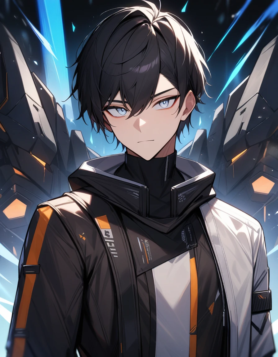 (male,robot), blacksteel, black hair, (layered cut), white bright eyes, masterpiece, best quality, high quality, upper body,
