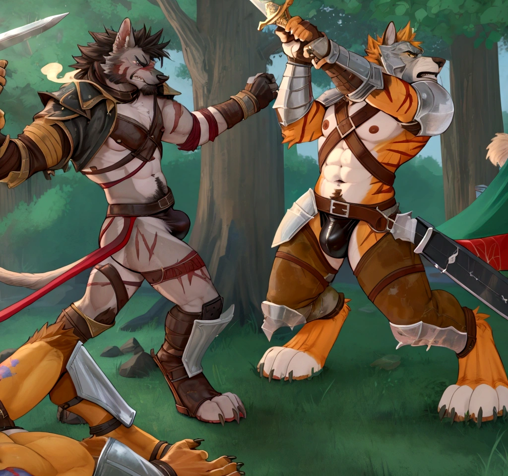Couple of Sexy young anthro furry wolfes male mercenary warriors, slim endomorph muscular, handsome gay model male apperance, they are fighting with swords in forest ancient battle, sword duel, angry anger look, rage, sword scars, worn out leather skimpy armament, low on hips heavy leather belt, old very worn out skimpy dirty linen material jockstrap, old yellow dirty worn out stains on white sawn jockstrap, very visible "x" brown seam pattern on the jockstrap, studded skimpy armlets breastplate armor, skimpy breastplate, leather bondages, fingerless leather gloves, smelly unwashed furr, dirty body look, both of them hold blooded sword in hand, proffesional anathomy, correct anathomy, five fingers, correct muscules building, proffesional perspective, professional composition, proffesional cinematic sword fight scene, correct sword hold in hand,
