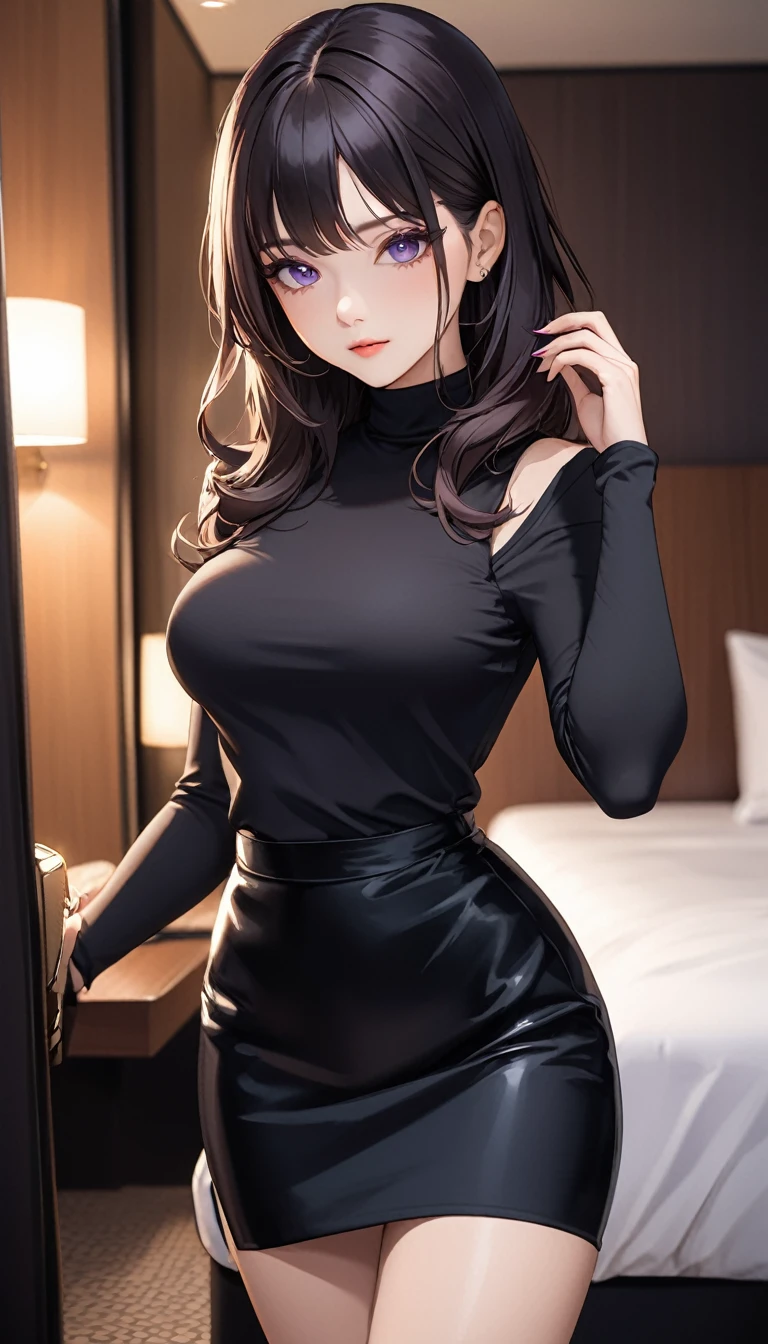 masterpiece, high resolution, beautiful woman, Korean Beauty, 30 years old, black sleeve less turtle neck, mini pencil skirt, beautiful woman, night hotel, looking at me, (high resolution face), (high resolution eyes), black hair, big tits, purple eyes