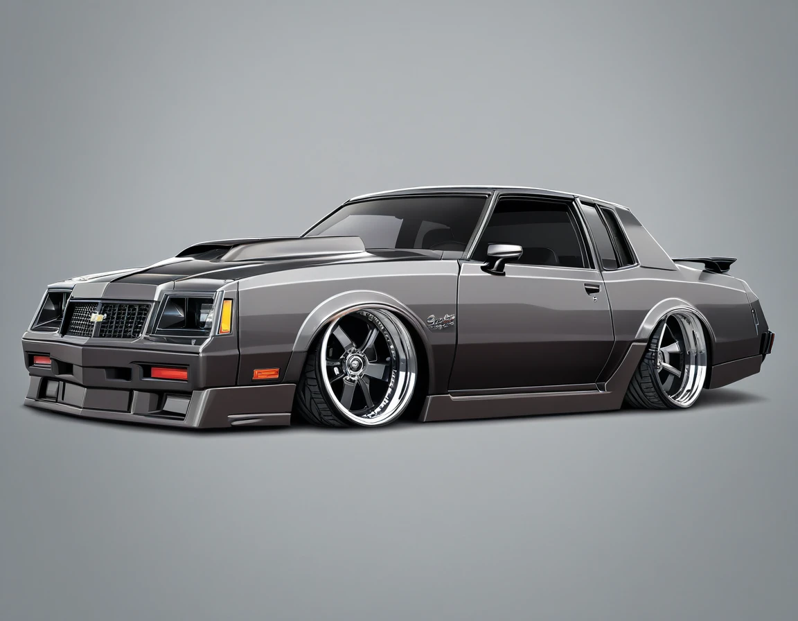  1986 Chevy monte carlo ss, pop art, cartoonish style ,detailed, illustration, slammed to the ground, large black staggered wheels, wide bodykit, masterpiece, highly detailed ((([simple grey background])))