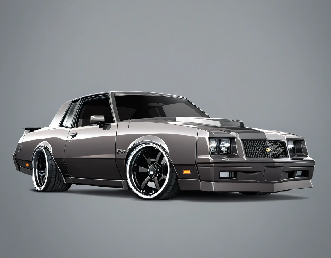  1986 Chevy monte carlo ss, pop art, cartoonish style ,detailed, illustration, slammed to the ground, large black staggered wheels, wide bodykit, masterpiece, highly detailed ((([simple grey background])))