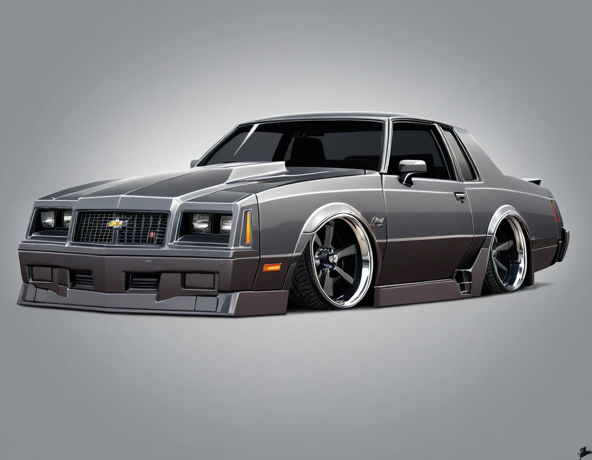  1986 Chevy monte carlo ss, pop art, cartoonish style ,detailed, illustration, slammed to the ground, large black staggered wheels, wide bodykit, masterpiece, highly detailed ((([simple grey background])))