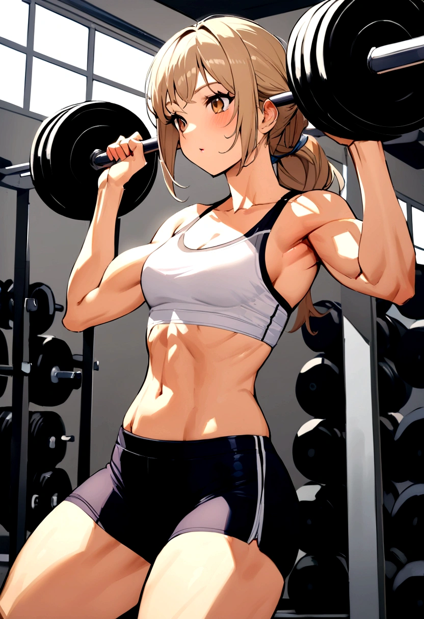 Woman with light brown hair, 40 years old, wide, athletic, small breasts, Delgado, lifting weights, Crossfit, gym, high quality