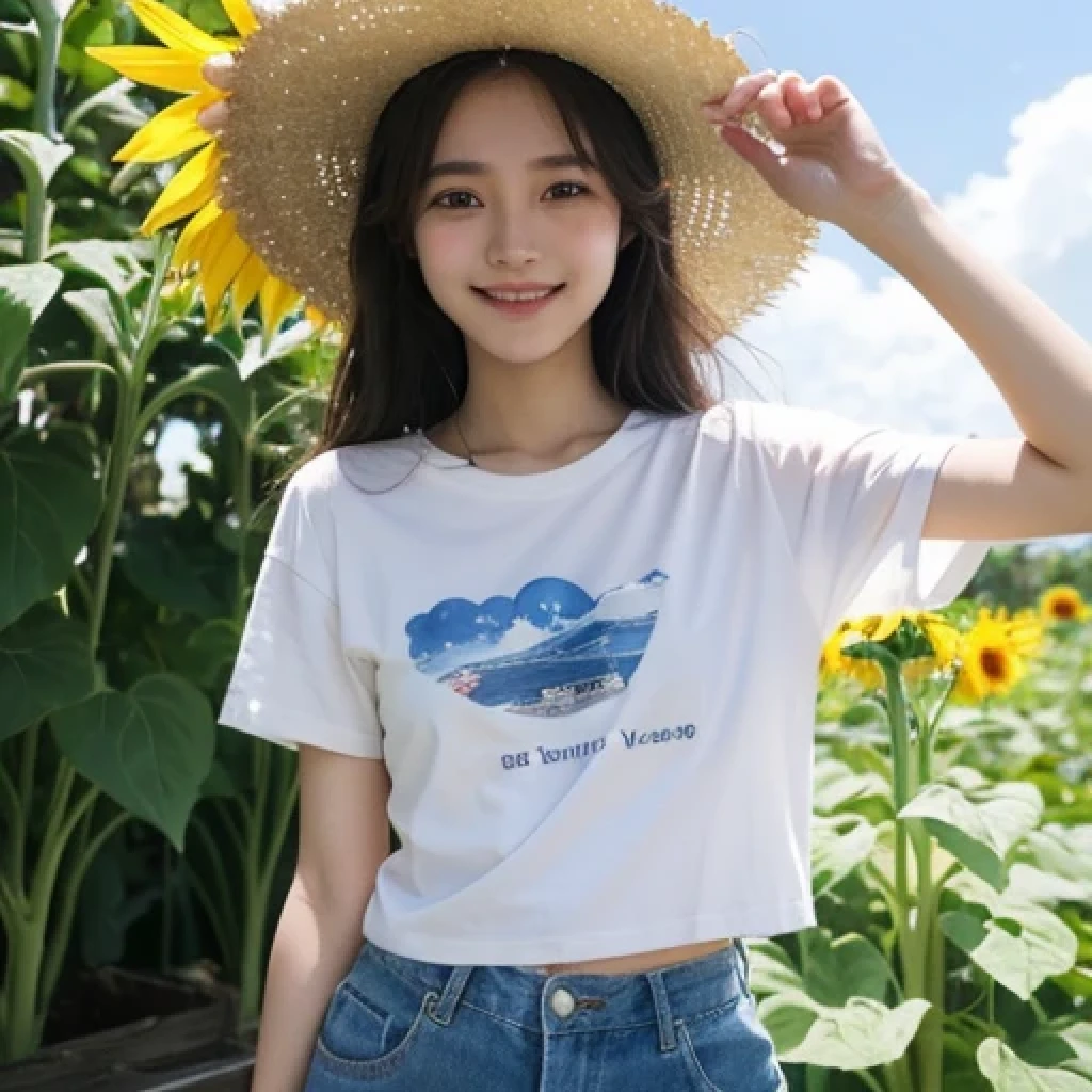 Japanese、18-year-old、Very slim、((Smiling))、Summer clothing、Blue sky、White cloud、sunflower、Straw hat、T-Shirts、Shorts