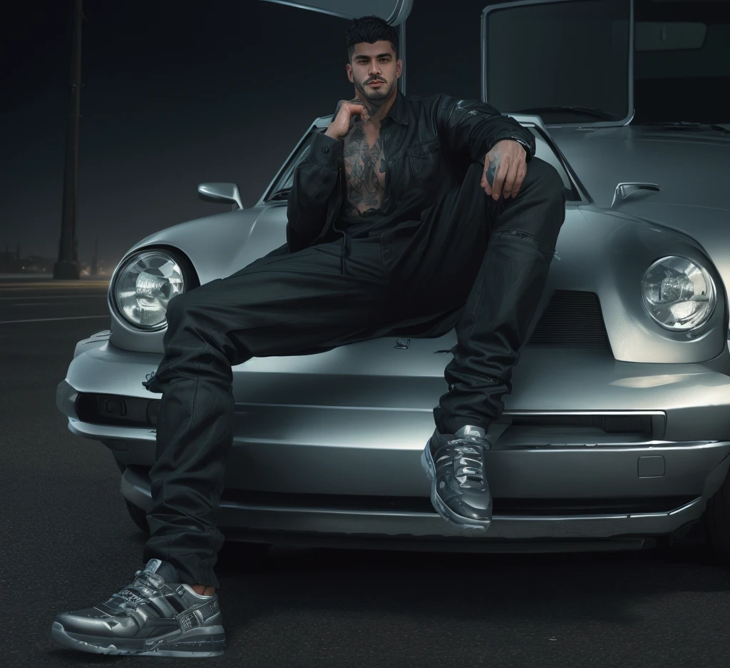 sharp man sitting on the hood of a car with a tattoo on his arm, hyper realistic styling, no hood | | realistic shading, photorealistic full body, GTA 6 style, hyper detailed realistic, hyper-detailed photorealistic, elegant pose, .highly realistic, hyper-detailed full-body photo, realistic styling, hyper-realistic detailed rendering, Tony Sandoval. 8k realistic