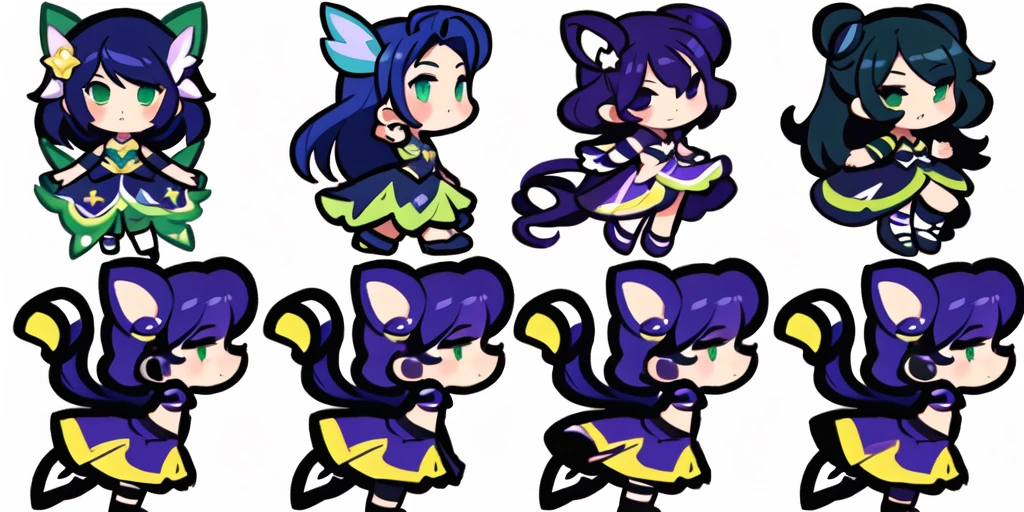 a close up of a cartoon character with different poses, spritesheet, sprite sheet, with familiar sprites, sprites, fairy girl, morgana, default pose neutral expression, twirling, sprite 2 d, shady, green fairy, smol, multiple poses, cute chibi, kawaii