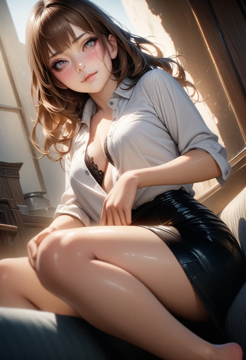 ((masterpiece, Best Quality, high resolution, 8K)), 20yo attractive female, Solo, Beautie、cowboy shot、 ((long Wave Hair, Bangs, Brown hair)), ((slit eyes, Beautiful eyelashes, Realistic eyes)), ((natural makeup, watery lip, Detailed face, Blushing:1.2)), ((Smooth texture:0.75, Realistic texture:0.65, Photorealistic:1.1)), medium breasts, Perfect body, ((taking off unbuttoned casual clothes, White business shirt, Black tight skirt、、bare foot:1.3)), bedroom without people、Sit on a couch、Lower angle, taking foot off、early evening、Very embarrassing smile、(Lift the skirt with your right hand、Open both legs、Open your knees wide、Light blue floral lace panties)、、(Cute floral bra)、Angle from below