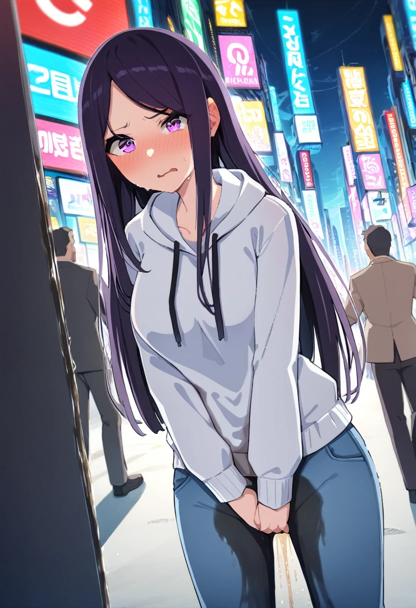 (masterpiece:1.37), best quality, (extremely detailed:1.37), (1girl:1.5), woman, (mature:1.5), (adult:1.5), large breasts, very long hair, (straight hair:1.5), dark purple hair, purple eyes, (extremely detailed eyes:1.37), hoodie, jeans, desperation, (wetting self:1.5), standing, embarrassed, humiliation, blushing, angry, city, futuristic, neon lighting, high-tech, street, skyscraper