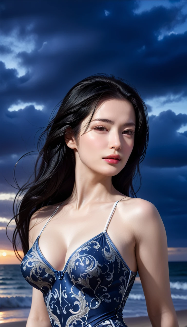((Masterpieces with up to 16K resolution:1.6)),Highest quality,it is really amazing,Very detailed,Ultra-high resolution,(Real:1.5),(Realistic:1.5),Increased depth of field,Cinematic Light,
Elegant mature woman,
Long black hair,(Exquisitely detailed face:1.5),Face with a gentle expression,Translucent white skin,Very sensitive skin,Great proportions,Anatomically correct body,
Elegant high leg swimsuit,Artistic design,Beautiful and detailed pattern,Detailed fabric texture,Luxurious ornaments,
Coastal landscape at dusk,Dark clouds and dark sky,delay々Continuing sandy beach, Deserted Beach,Dark sea surface,
(Dramatic perspective:1.5),