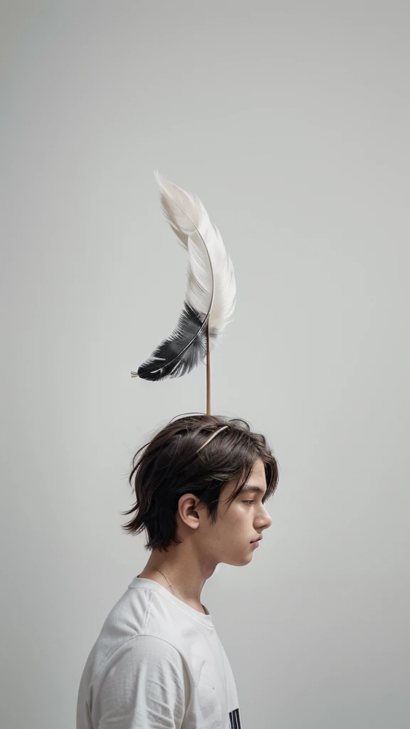 A minimal, modern, simple, cinematic logo design for the brand “Penamemoria". The logotype of a boy with a head of a feather playing acoustic guitar. The logo must convey a sense of music, stories and dreams. Minimalistic logo design of a boy dissolving into a feather of dreams and memories