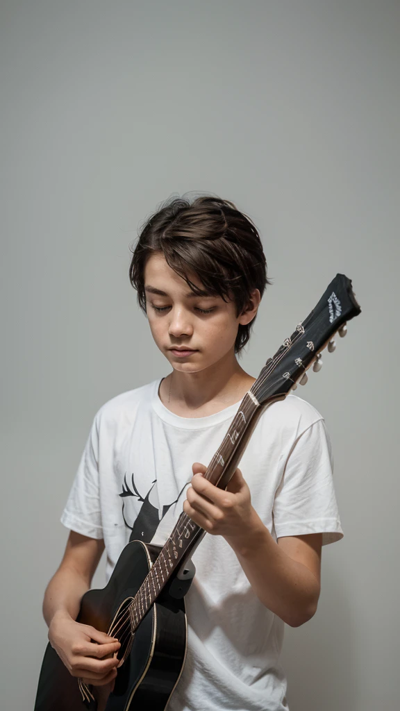A minimal, modern, simple, cinematic logo design for the brand “Penamemoria". The logotype of a boy with a head of a feather playing acoustic guitar. The logo must convey a sense of music, stories and dreams. Minimalistic logo design of a boy dissolving into a feather of dreams and memories