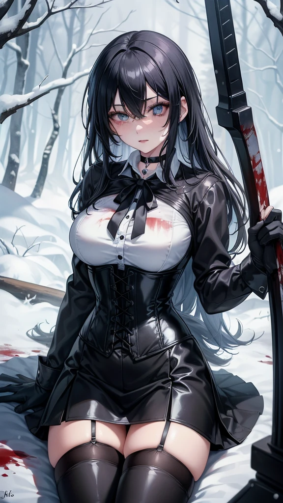 ((blood droplets)), ((blood)), ((blood splatter)), ((blood on clothes)), ((blood stain)), Masterpiece, Beautiful art, professional artist, 8k, art style by sciamano240, Very detailed face, Detailed clothing, detailed fabric, 1 girl, View from above, lying completely on the ground, perfectly drawn body, terrified expression, pale skin, beautiful face, long black hair, Blue eyes, very detailed eyes, pink cheeks, choker:1.6, (white collar button down long sleeve shirt), black gloves, gloves that cover hands, (holding an ax in his right hand), (black leather corset), (shiny black miniskirt), Sensual Lips , evening de invierno, show details in the eyes, looking at the viewer, Dark road, Snowy forest, evening, Atmosphere, snow