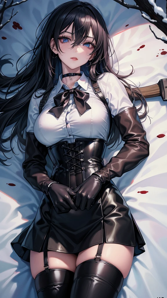((blood droplets)), ((blood)), ((blood splatter)), ((blood on clothes)), ((blood stain)), Masterpiece, Beautiful art, professional artist, 8k, art style by sciamano240, Very detailed face, Detailed clothing, detailed fabric, 1 girl, View from above, lying completely on the ground, perfectly drawn body, terrified expression, pale skin, beautiful face, long black hair, Blue eyes, very detailed eyes, pink cheeks, choker:1.6, (white collar button down long sleeve shirt), black gloves, gloves that cover hands, (holding an ax in his right hand), (black leather corset), (shiny black miniskirt), Sensual Lips , evening de invierno, show details in the eyes, looking at the viewer, Dark road, Snowy forest, evening, Atmosphere, snow