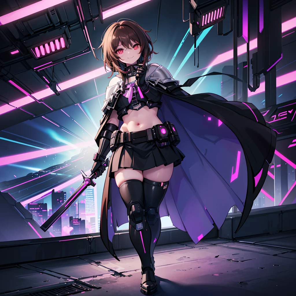 (((1boy))), Femboy, superhero, crossdresser man, teenager, in a school, (white long sleeved cocktail shirt), (long black skirt with a white stripe), with a (((white cape with a blue inner part))), a (((black chest armor plate with a white decal in the middle))), (black gloves) and (black boots), long technological red sword, ((brown skinned)), red eyes, feminine shoulder length dark brown hair, ((wide hips)), ((thick thighs)), flat chest, narrow waist, flying around in a beautiful futuristic floating in the sky city landscape, ((only one character)), (((solo))), ((smiling)), ((((cyberpunk artstyle))))