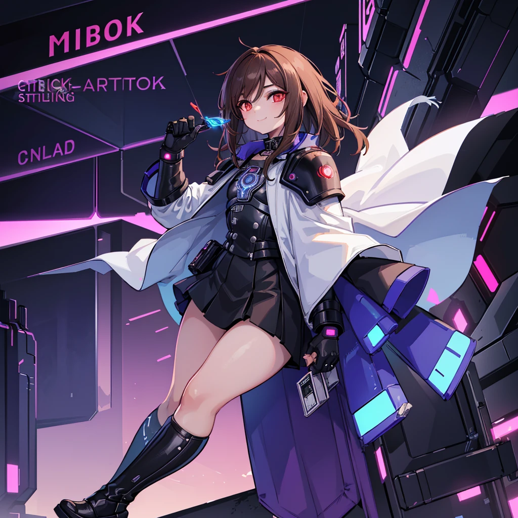 (((1boy))), Femboy, superhero, crossdresser man, teenager, in a school, (white long sleeved cocktail shirt), (long black skirt with a white stripe), with a (((white cape with a blue inner part))), a (((black chest armor plate with a white decal in the middle))), (black gloves) and (black boots), long technological red sword, ((brown skinned)), red eyes, feminine shoulder length dark brown hair, ((wide hips)), ((thick thighs)), flat chest, narrow waist, flying around in a beautiful futuristic floating in the sky city landscape, ((only one character)), (((solo))), ((smiling)), ((((cyberpunk artstyle))))