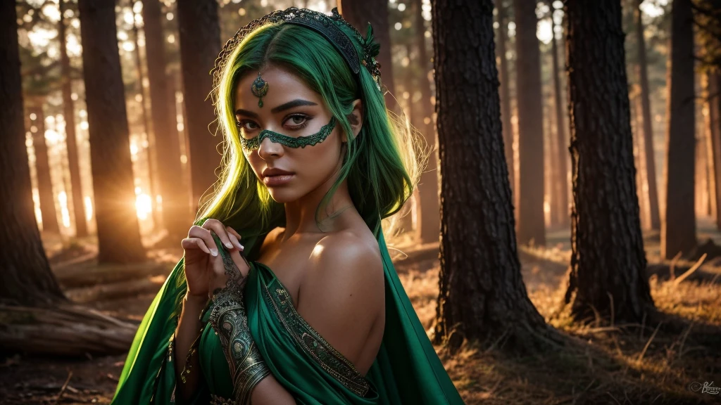# Prompt para la imagen
"""
Create a digital masterpiece of the highest quality and detail. Depict an Argentine woman, approximately 28 years old, with green hair and both eyes red. She has a rich, dark skin tone and a delicate, ethereal facial structure. She is wearing a mysterious, intricate mask that covers her face, leaving her red eyes visible. Her lips are painted a vibrant pink, complementing her overall appearance. She wears a green, mythological witch-style hat on her head. The scene is set in a fiery forest at dawn, with flames and embers illuminating the environment. The woman is kneeling, facing forward, and looking towards the horizon with a serene expression. She is nude except for a transparent green fabric that barely covers her intimate areas, adding a delicate and sensual touch. Over her shoulders, she has a transparent green silk cape that flows gently with the wind, adding an ethereal and mystical vibe to her appearance. Her face, adorned with the mask, has a mysterious charm. Her natural beauty, including her green hair, dark skin tone, and red eyes, is emphasized. The background features a dramatic and intense ambiance, with the first light of dawn casting a gentle glow over the fiery landscape.
"""