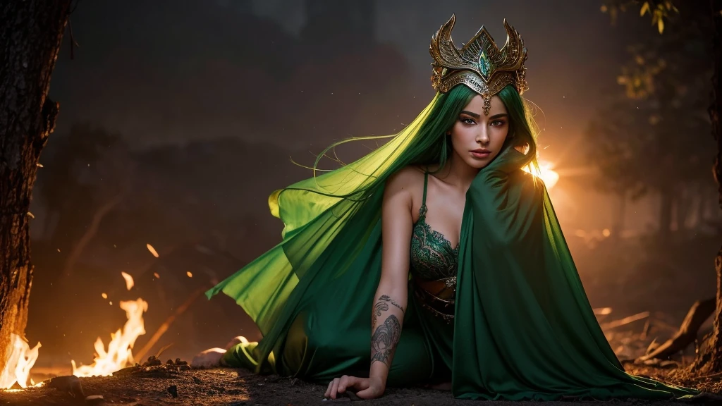 # Prompt para la imagen
"""
Create a digital masterpiece of the highest quality and detail. Depict an Argentine woman, approximately 28 years old, with green hair and both eyes red. She has a rich, dark skin tone and a delicate, ethereal facial structure. She is wearing a mysterious, intricate mask that covers her face, leaving her red eyes visible. Her lips are painted a vibrant pink, complementing her overall appearance. She wears a green, mythological witch-style hat on her head. The scene is set in a fiery forest at dawn, with flames and embers illuminating the environment. The woman is kneeling, facing forward, and looking towards the horizon with a serene expression. She is nude except for a transparent green fabric that barely covers her intimate areas, adding a delicate and sensual touch. Over her shoulders, she has a transparent green silk cape that flows gently with the wind, adding an ethereal and mystical vibe to her appearance. Her face, adorned with the mask, has a mysterious charm. Her natural beauty, including her green hair, dark skin tone, and red eyes, is emphasized. The background features a dramatic and intense ambiance, with the first light of dawn casting a gentle glow over the fiery landscape.
"""