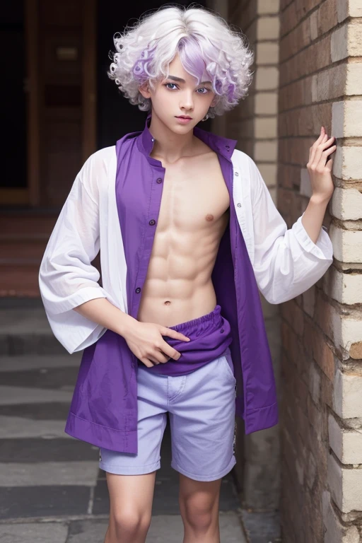 16 year old boy with tan skin., full body curly white hair and purple locks bright blue eyes and wearing Darling Charming's clothing