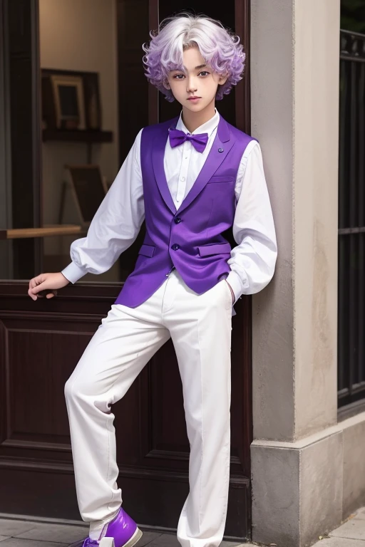16 year old boy with tan skin., full body curly white hair and purple locks bright blue eyes and wearing Darling Charming&#39;s clothing 