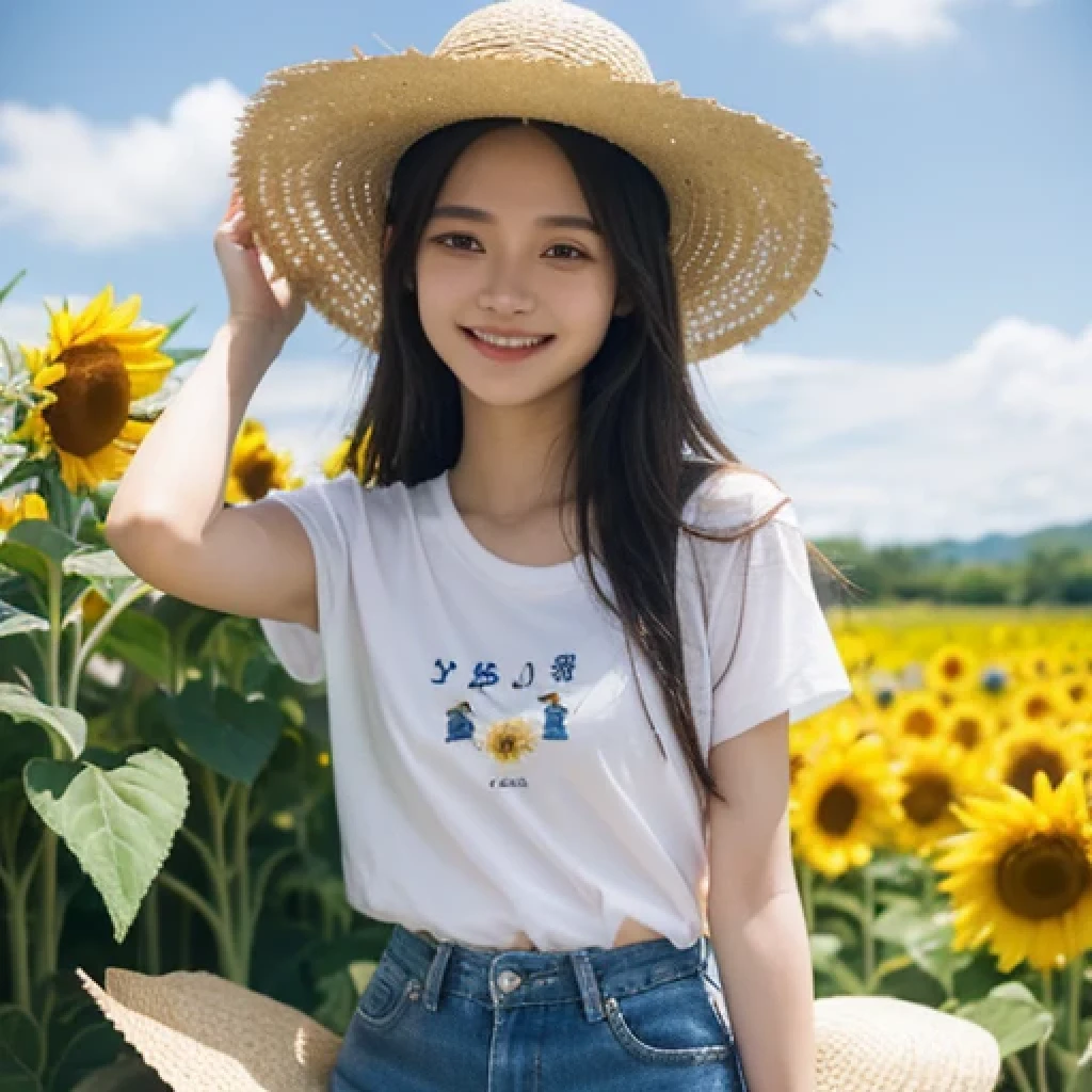 Japanese、18-year-old、Very slim、((Smiling))、Summer clothing、Blue sky、White cloud、sunflower、Straw hat、T-Shirts、Shorts