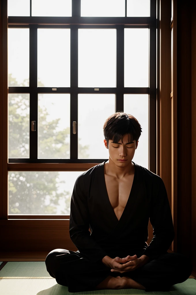 Create an image of a young man meditating in comfortable black clothing, sitting on a tatami while the sun rises and the light came through his window.