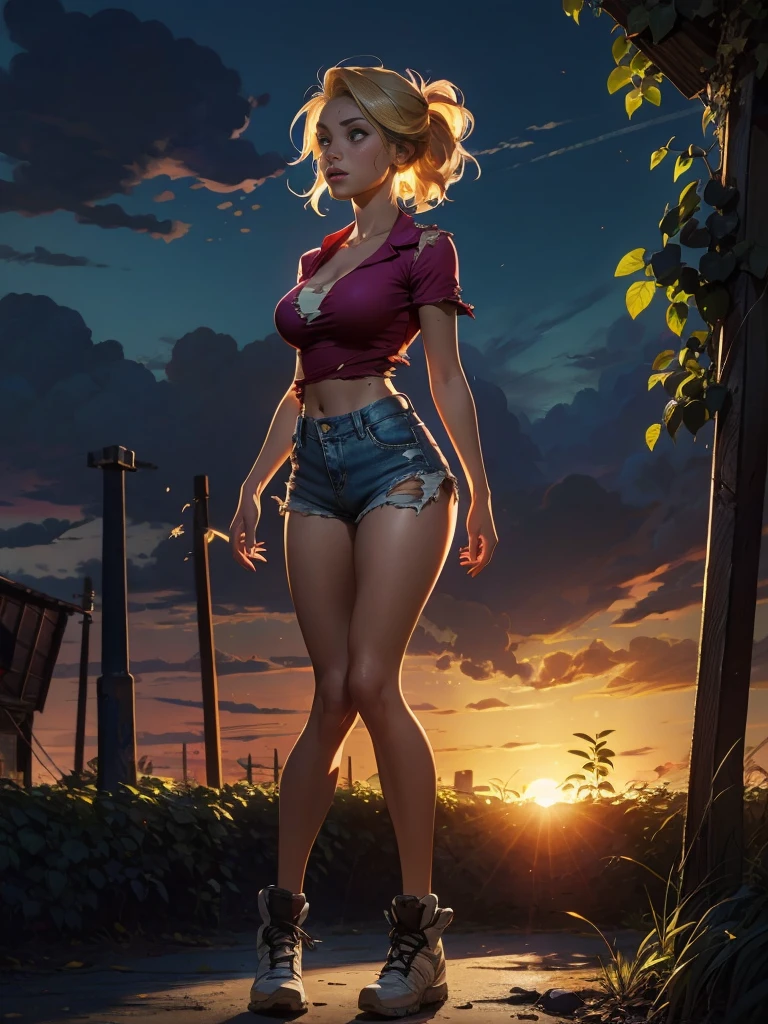 2076 year. The Urban Ruins of the Wasteland, Female huntress picking fruit in the garden, beautiful face, blonde, very torn shirt and denim shorts, shirt in tatters ,  long legs, sweating through, sun rising, Nice warm colors, head to toe full body shot