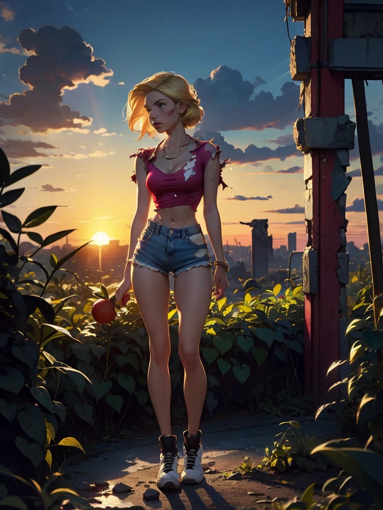 2076 year. The Urban Ruins of the Wasteland, Female huntress picking fruit in the garden, beautiful face, blonde, very torn shirt and denim shorts, shirt in tatters ,  long legs, sweating through, sun rising, Nice warm colors, head to toe full body shot