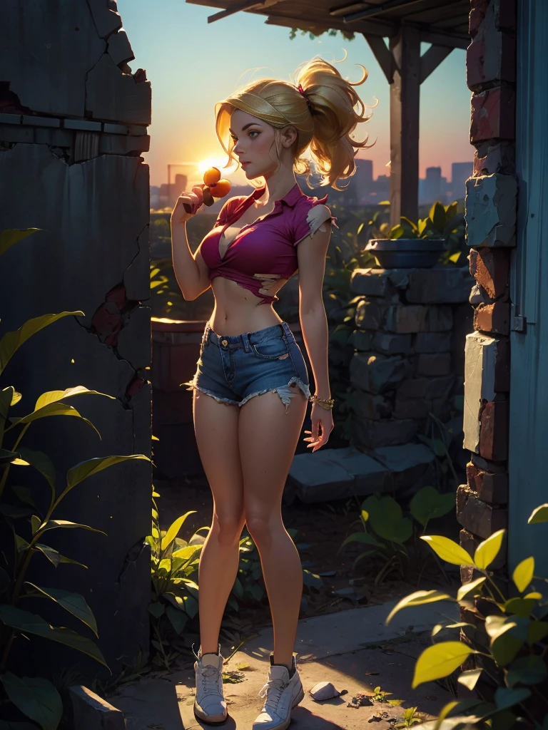 2076 year. The Urban Ruins of the Wasteland, Female huntress picking fruit in the garden, beautiful face, blonde, very torn shirt and denim shorts, shirt in tatters ,  long legs, sweating through, sun rising, Nice warm colors, head to toe full body shot